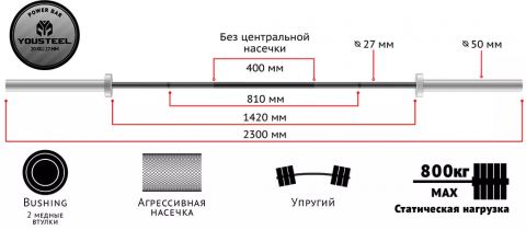 Гриф тяговый Power bar, 20кг, 2300мм